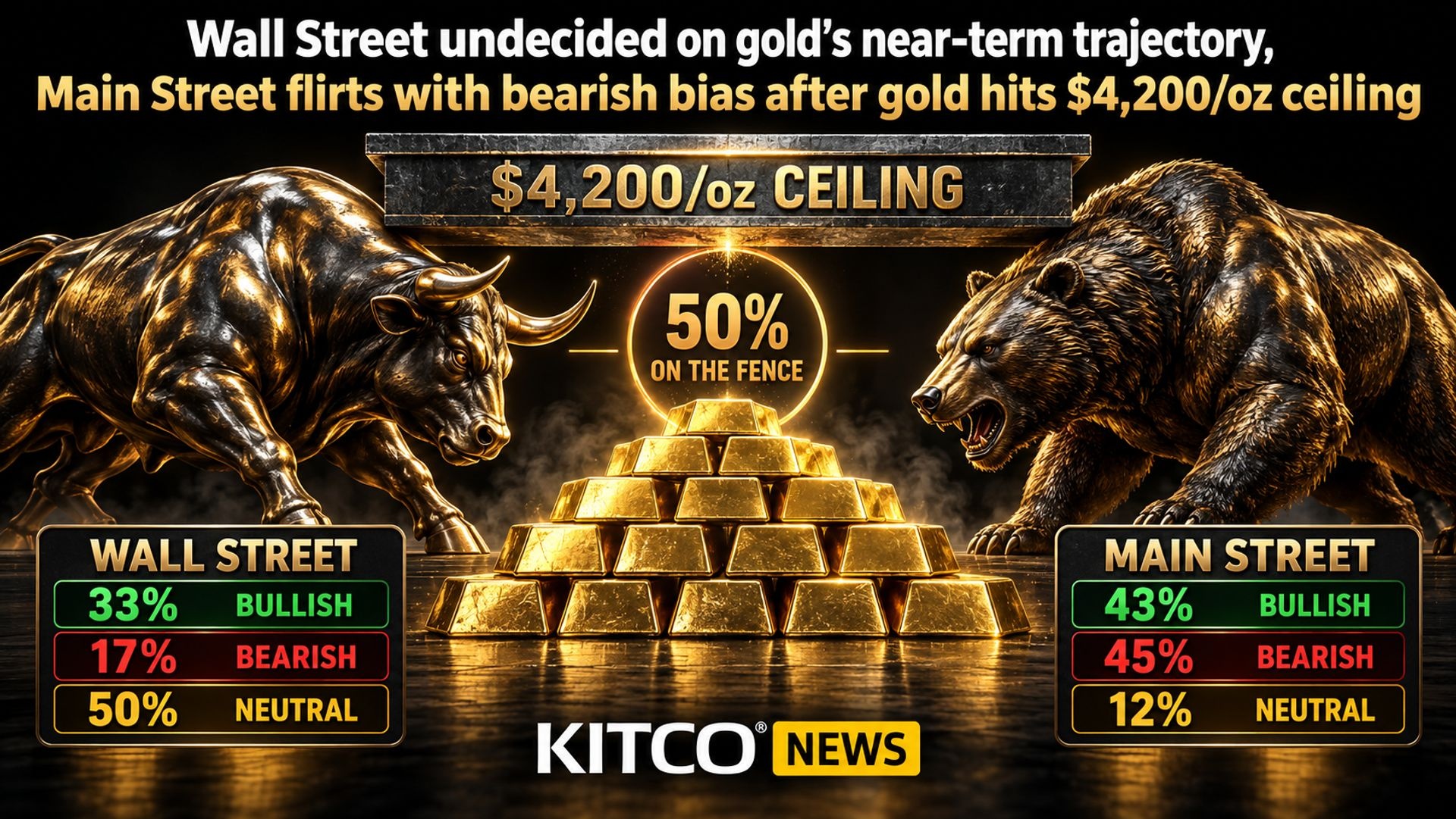 Wall Street undecided on gold’s near-term trajectory, Main Street flirts with bearish bias after gold hits $4,200/oz ceiling